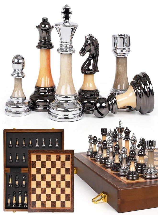 GHOOI Luxury Large Chess Set 17 Inch Wooden Chess Board with Metal and Acrylic Chess Pieces, 3.5" King, 2 Extra Queens, Foldable Tournament Chess Set for Adults and Kids, Gift Display Chess Game Collection - Image 1